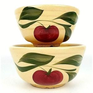 Vintage Watt Pottery Ovenware Ribbed Hand Painted Apple Design 5" & 6" Bowls